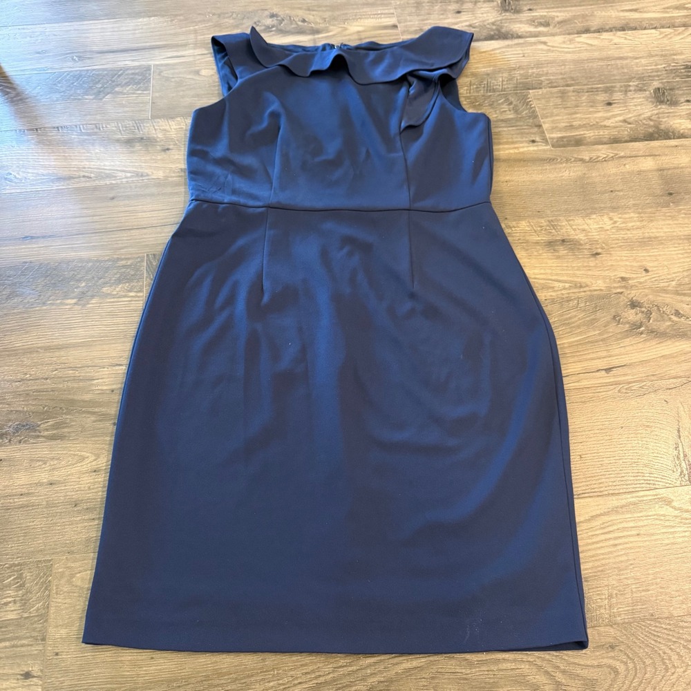 Nine West Navy Blue Ruffle Neck Sleeveless Sheath Dress Size 12 Career Cocktail